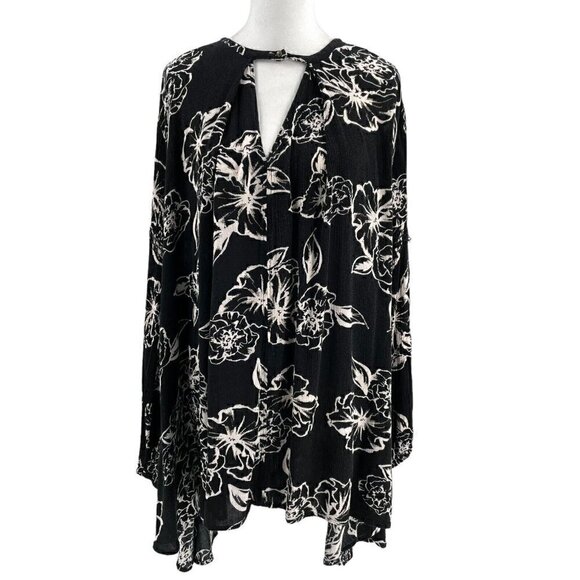 Free People Floral Swing Tunic Mini Dress Pockets Black White Boho sz Small - Picture 1 of 8